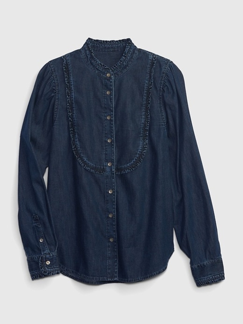 Gap Womens Ruffled Bib Denim Shirt Medium Tall Western Coastal Cowgirl Prairie